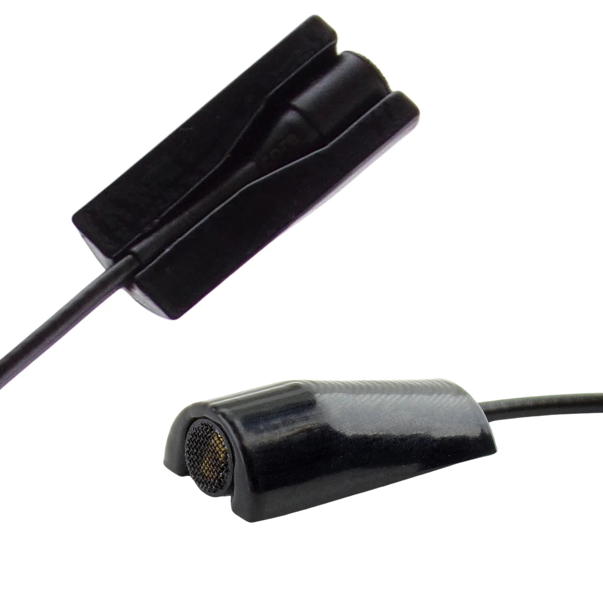 Black lavalier microphone windscreen mount with mesh-covered foam cap and cable