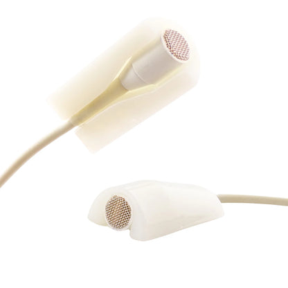 Cream mini microphone foam mount with round metal mesh tip, cable attached