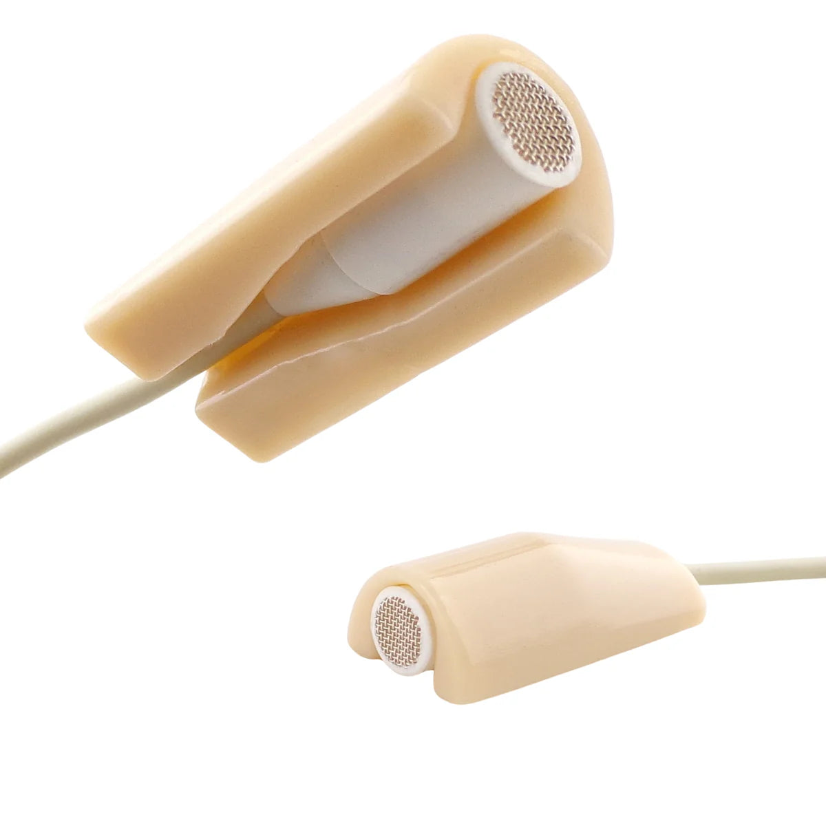 Beige foam microphone mount with round mesh grille on cable