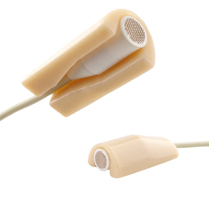 Beige foam microphone mount with round mesh grille on cable