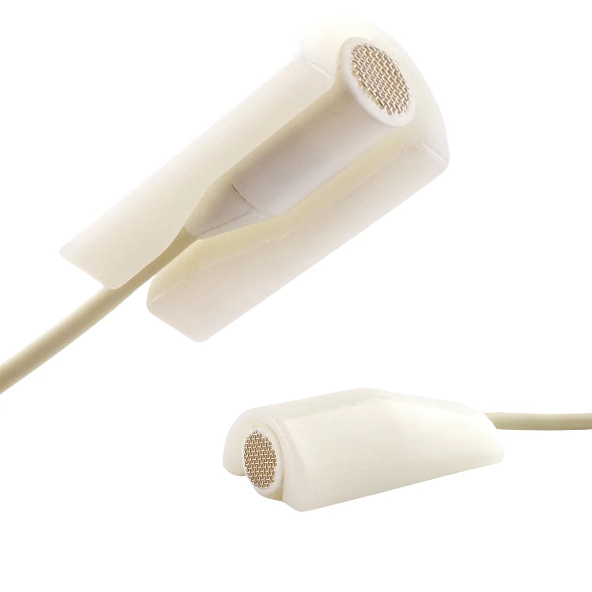 White/cream mini microphone foam mount with round mesh head, cable attached