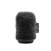 Round dark grey fur windshield brush head, side view with brand tag