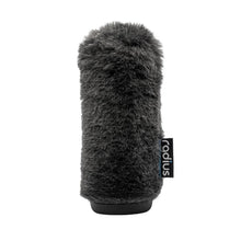 Grey cylindrical windshield cleaning brush with faux-fur cover and side brand label