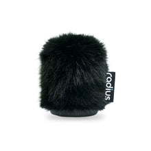Black furry microphone windscreen with logo tag