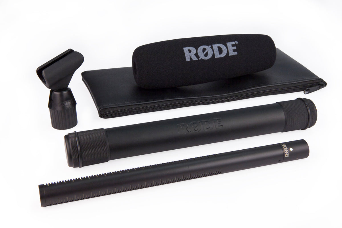 RØDE NTG3B shotgun microphone kit with foam windscreen, shock mount, and pouch