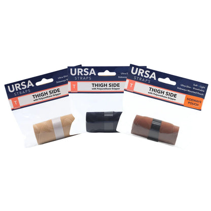 Thigh-side pouch strap rolls in beige, black, and caramel, shown on a hanger card