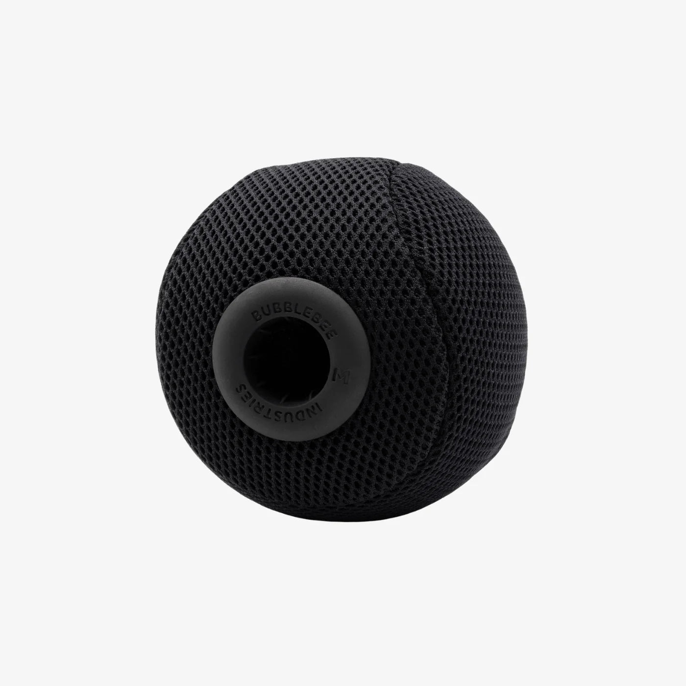 Black mesh spacer ball with circular label and textured surface