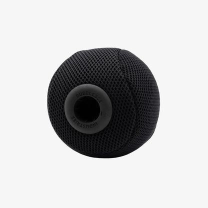 Black mesh spacer ball with circular label and textured surface