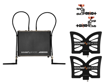 Astral ARX16 audio device with cables, mounting stands, and Sound Devices decals