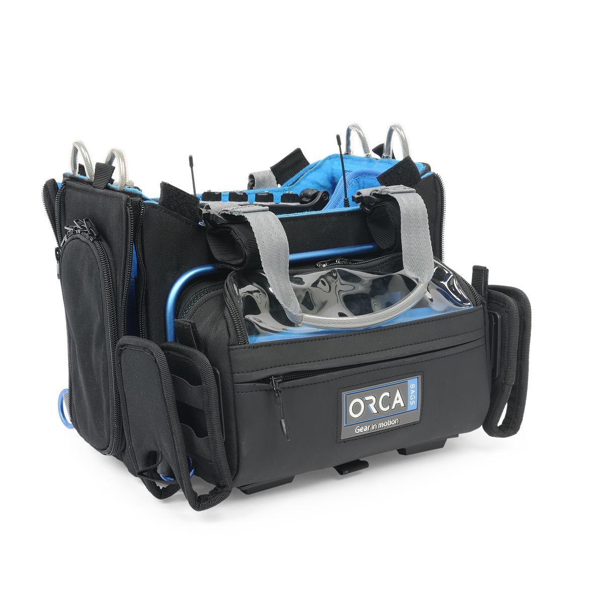 Audio mixer bag with ORCA label, clear window top compartment, and blue interior lining.