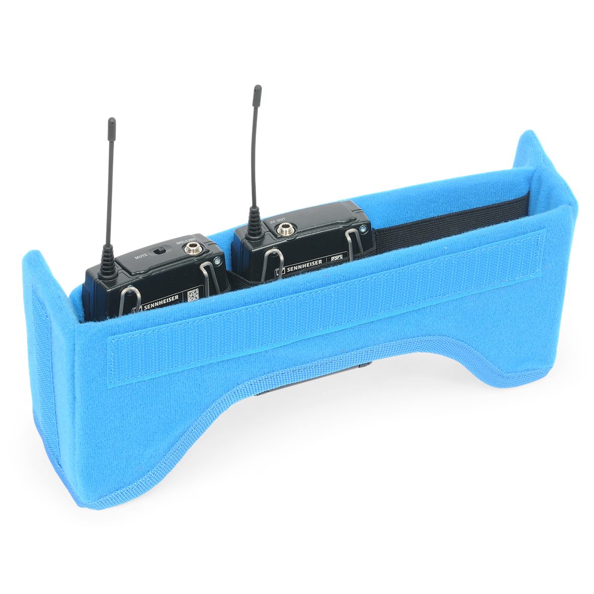 Blue front panel of audio mixer bag holding an audio mixer unit with antenna posts.