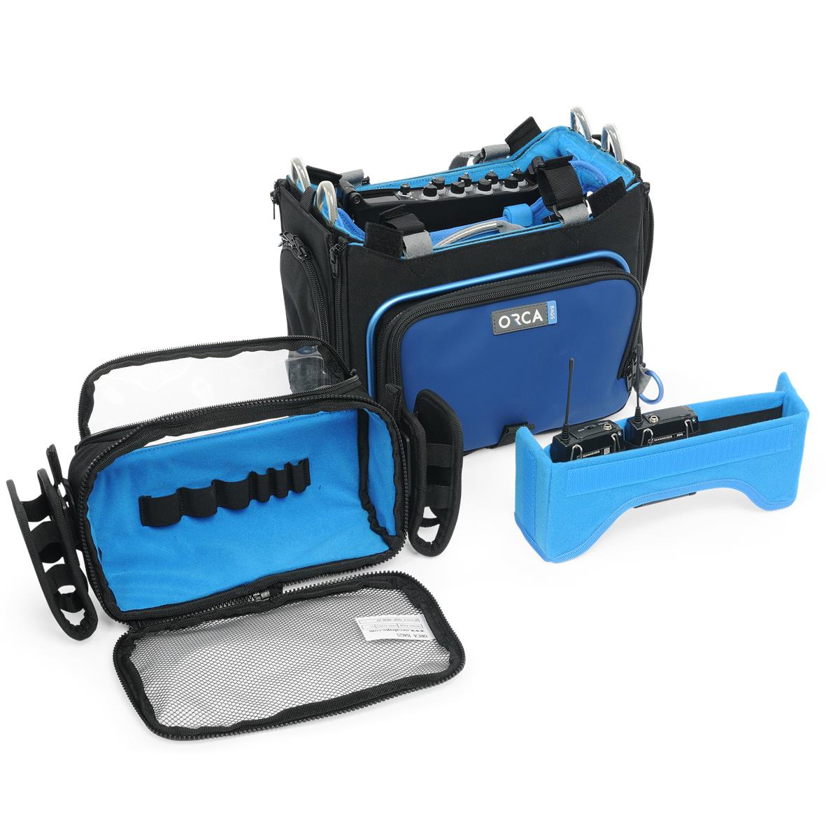 Audio mixer bag with blue interior panels, black handles, and detachable end pouch.
