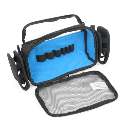 Black audio mixer bag with blue interior, front zip pouch and accessory holders.