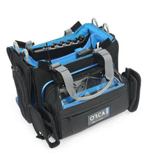 Black audio mixer bag with clear front window, blue lining, and front ORCA label.