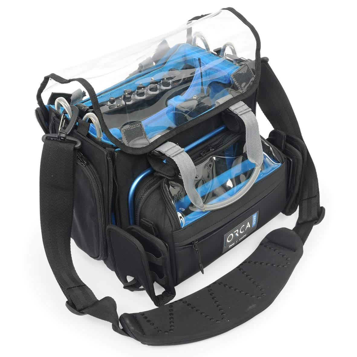Audio mixer bag crossbody style with clear top window, black exterior, blue interior.
