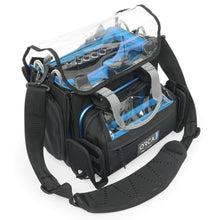 Audio mixer bag crossbody style with clear top window, black exterior, blue interior.