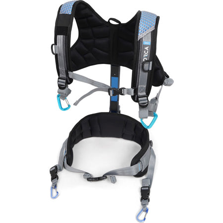 Orca padded dog harness with adjustable straps, blue accents, and spine support