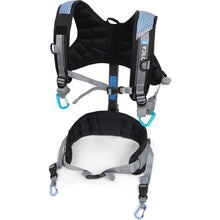 Orca padded dog harness with adjustable straps, blue accents, and spine support