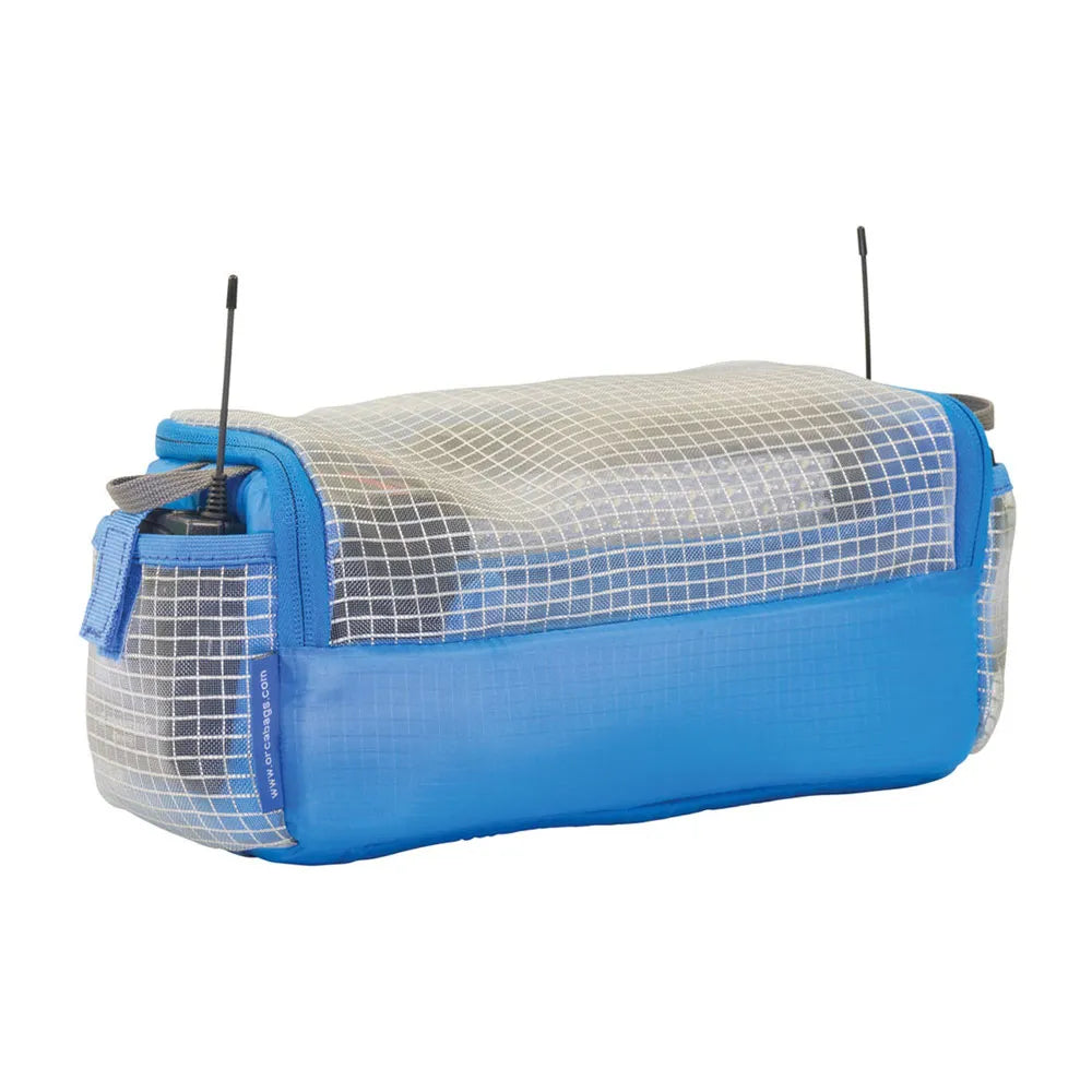 Accessories pouch, closed with gray grid top, blue base, and zippered carry handles