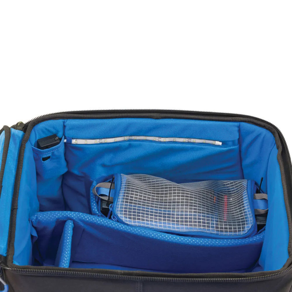 Accessories pouch, open interior with zippered pocket and grid divider for organization