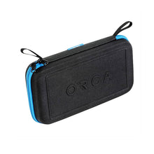 Orca hard shell accessory bag, black with blue zipper trim and handles