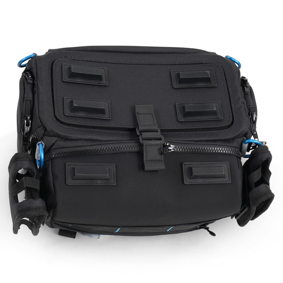 Audio mixer bag with multiple molded pockets; black exterior with blue accents and carry straps