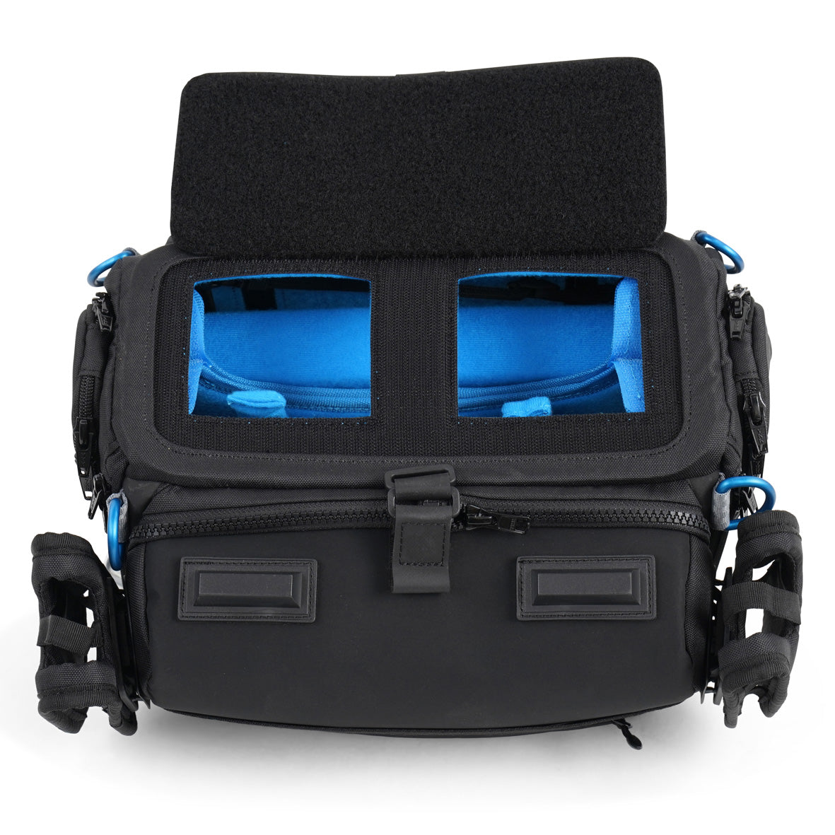 Audio mixer bag with open top window showing blue-lined compartments and padded interior supports