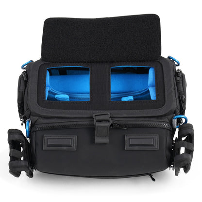 Audio mixer bag with open top window showing blue-lined compartments and padded interior supports