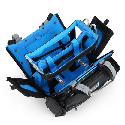 Audio mixer bag with open side access; blue interior organizers and metal rails for equipment