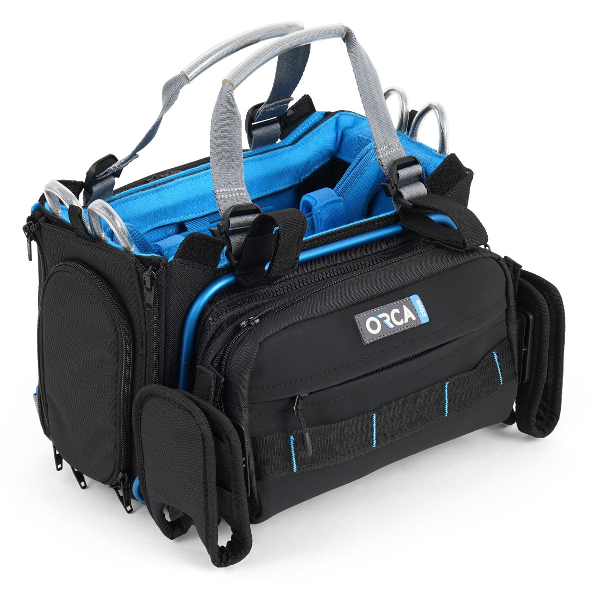 Black audio mixer bag with blue lining, ORCA logo patch, zipper pockets and strap loops