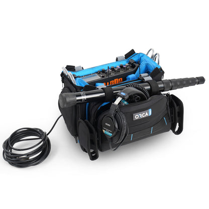 Audio mixer bag, black with blue interior, open top with front pouch and side handles