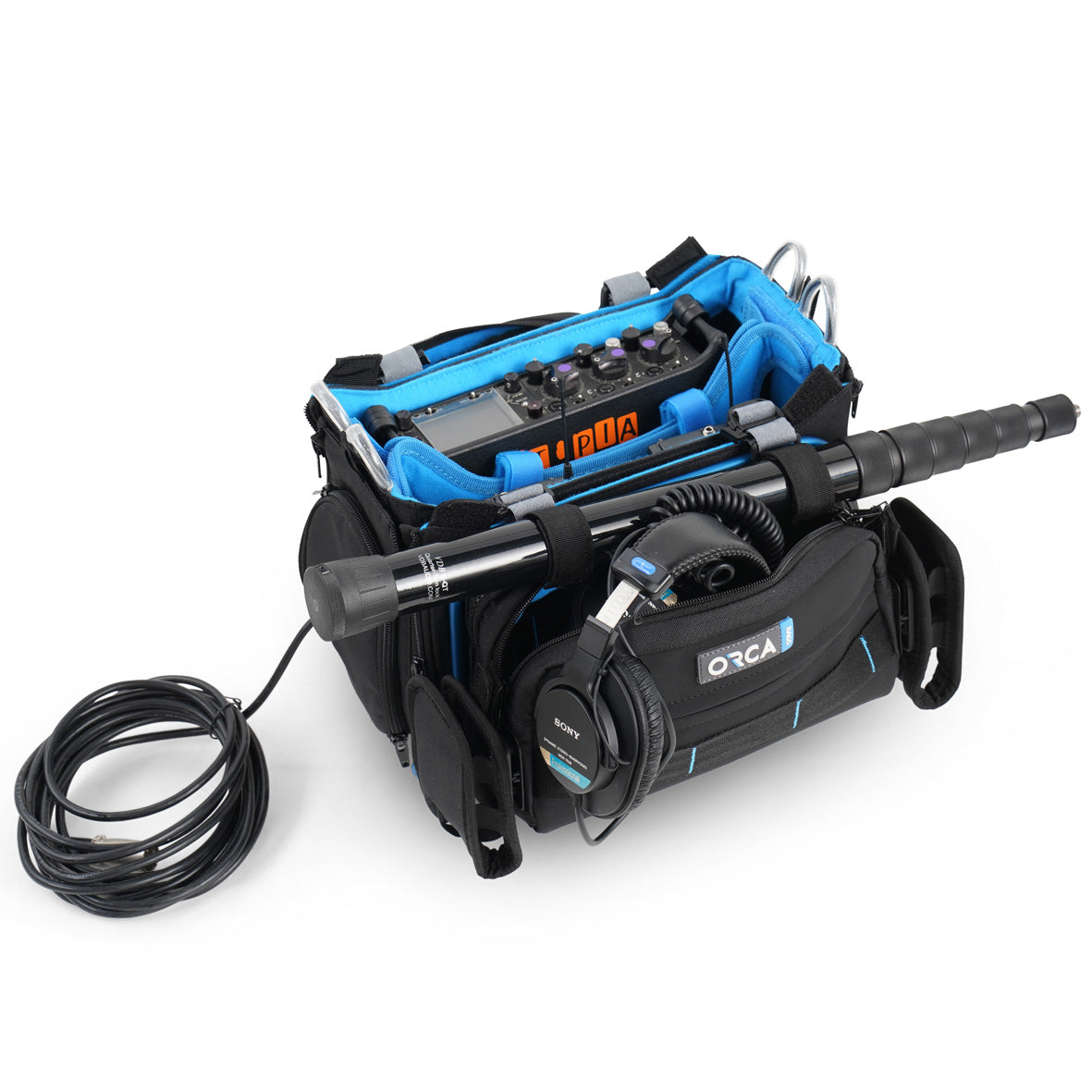 Audio mixer bag, black with blue lining, open top holding headphones and cables