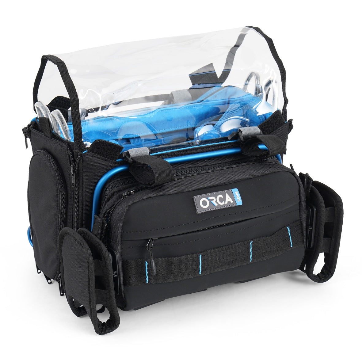Audio mixer bag with black and blue design, clear cover pouch and ORCA logo front panel