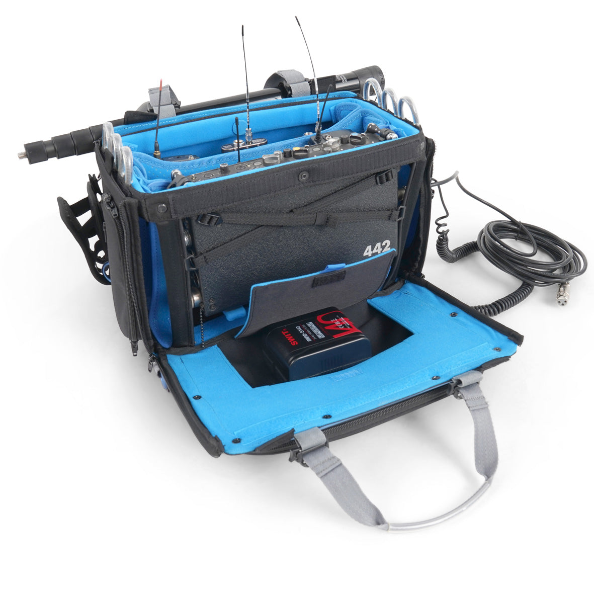 Audio mixer bag open with black front panel, blue base, and power unit on top.