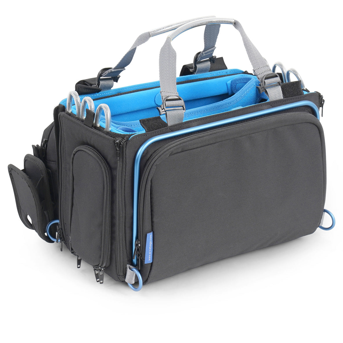 Audio mixer bag closed in black with blue interior edging and carrying straps.
