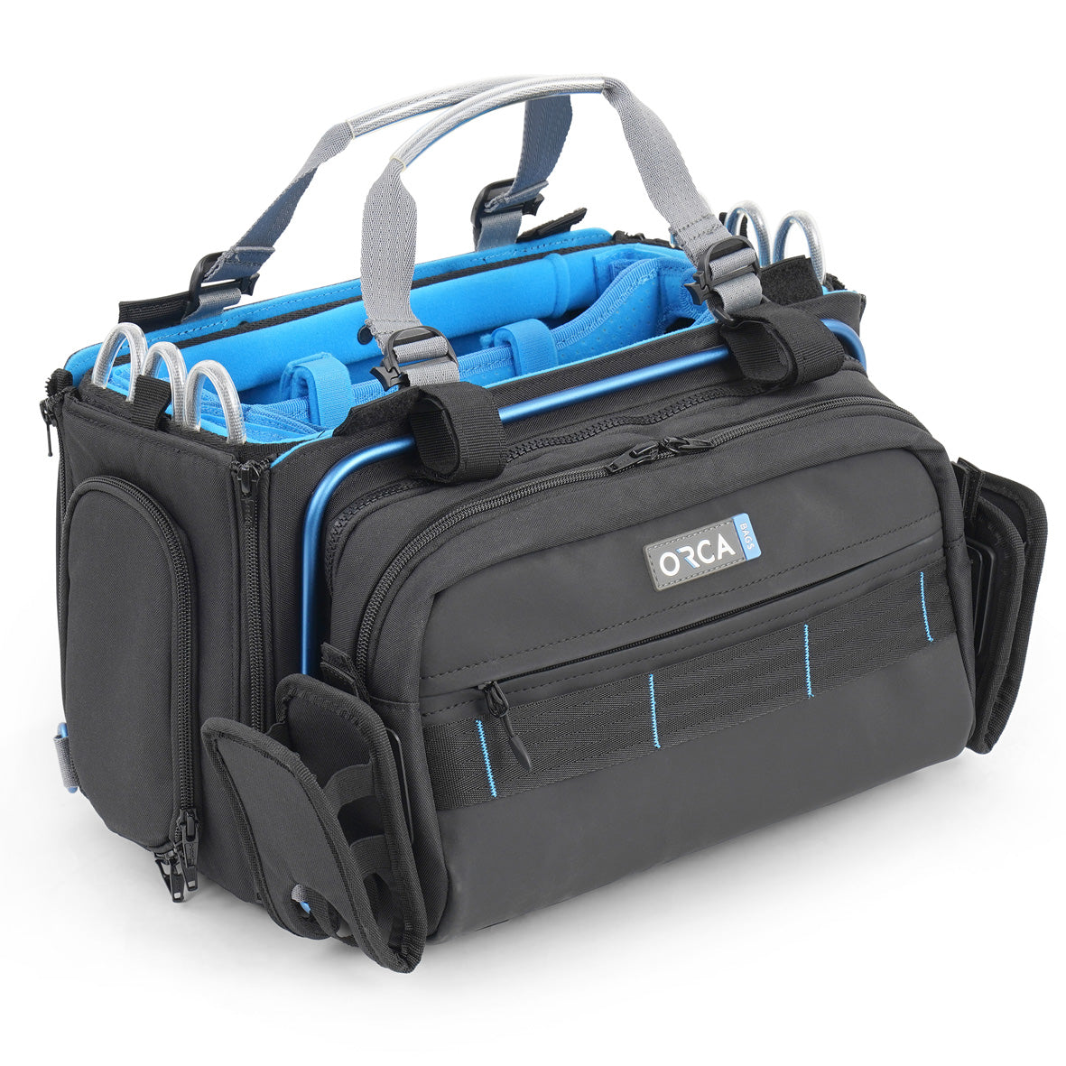 Black audio mixer bag with blue interior compartments, front organizer pockets and straps