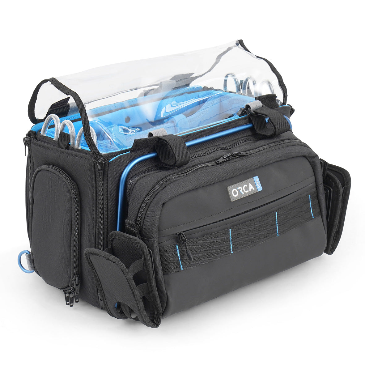 Black audio mixer bag with clear zip pocket, blue accessory pouches and handles