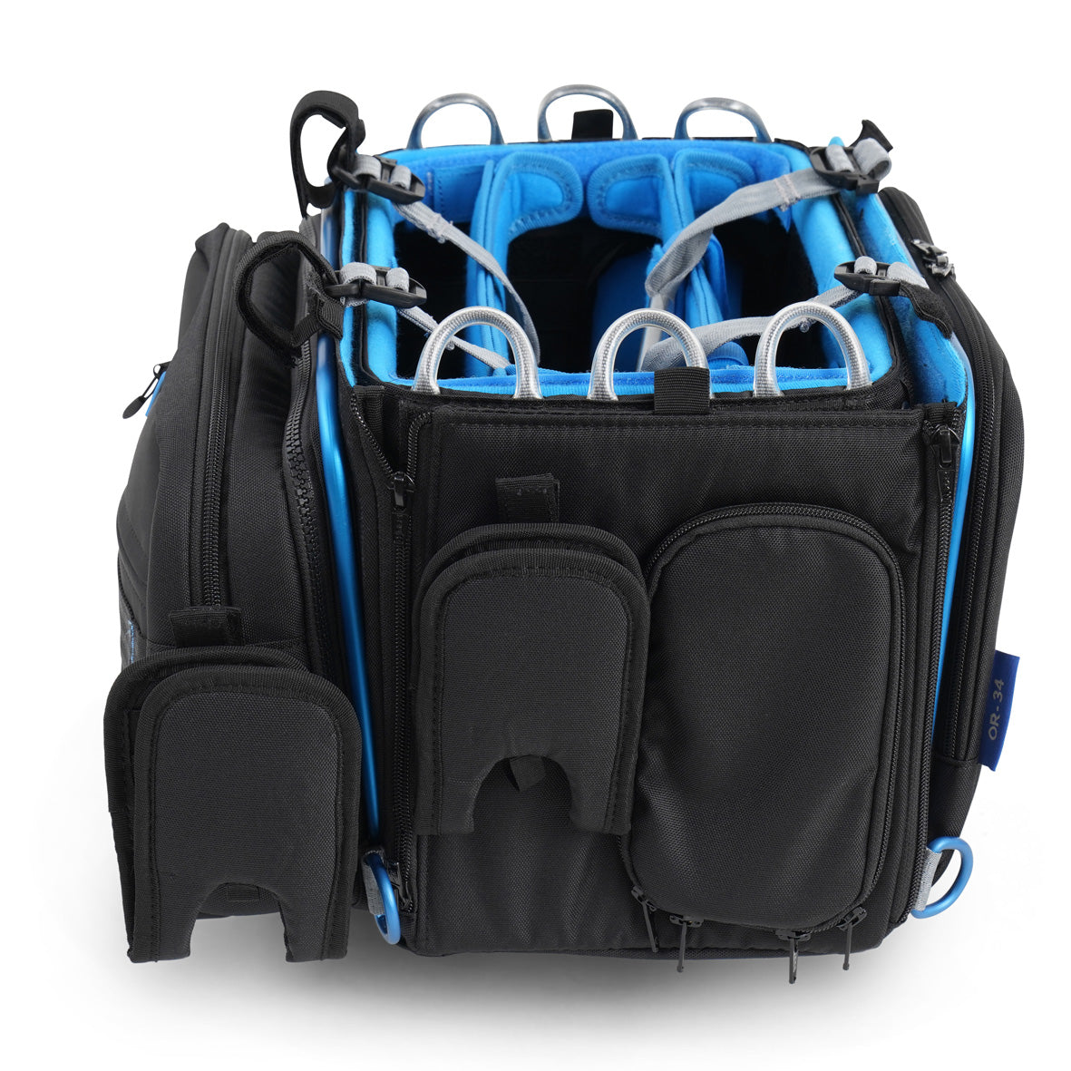 Audio mixer bag front view with padded blue interior and multiple U-shaped cable loops