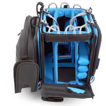 Audio mixer bag open with blue interior organizers, front pouch and hanging storage sleeves