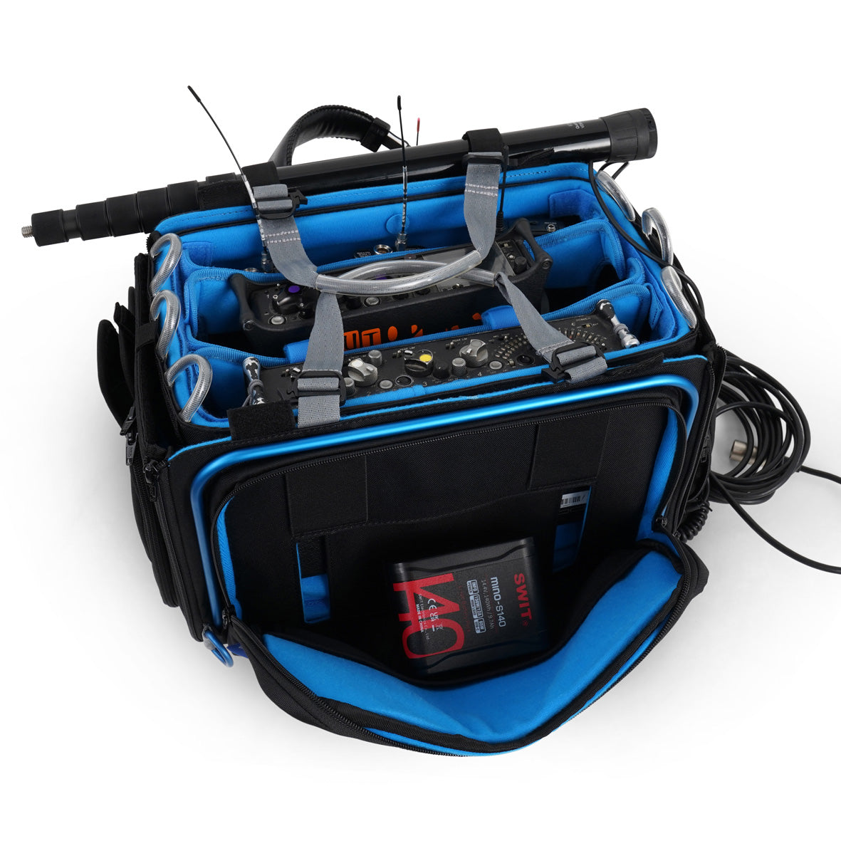 Audio mixer bag with blue interior holding audio gear and silver metal brackets