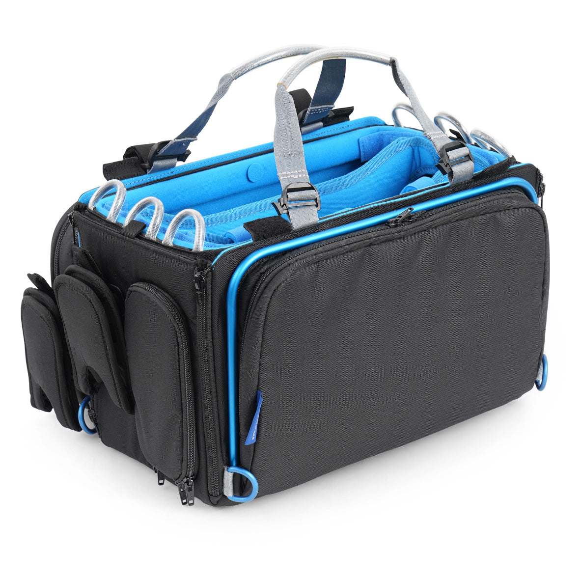 Black and blue audio mixer bag with side pouches, top handle, and front zipper