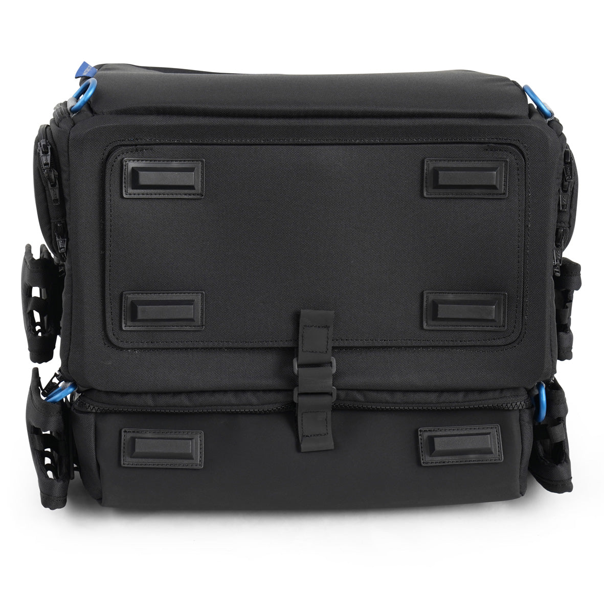 Black audio mixer bag exterior with rectangular patch panels and central carrying strap