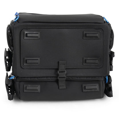 Black audio mixer bag exterior with rectangular patch panels and central carrying strap