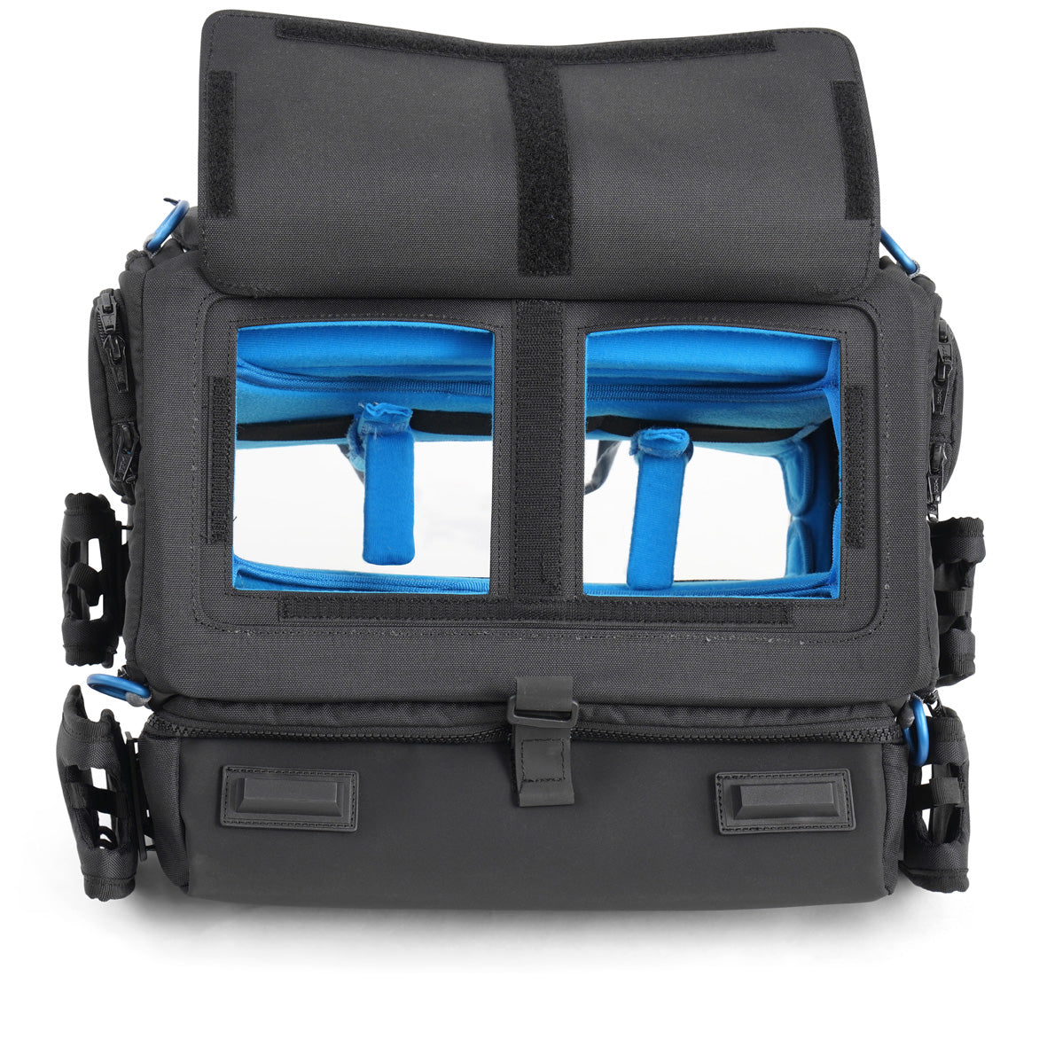Audio mixer bag front panel pocket with two window slots and blue foam dividers