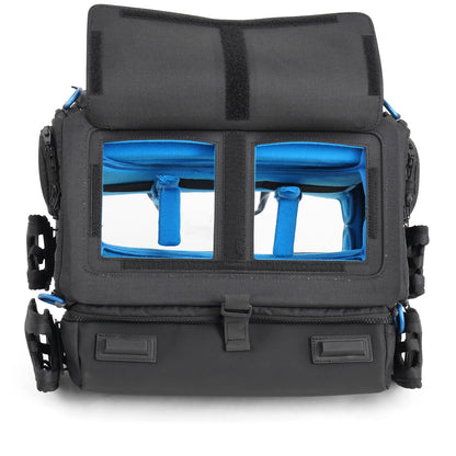 Audio mixer bag front panel pocket with two window slots and blue foam dividers