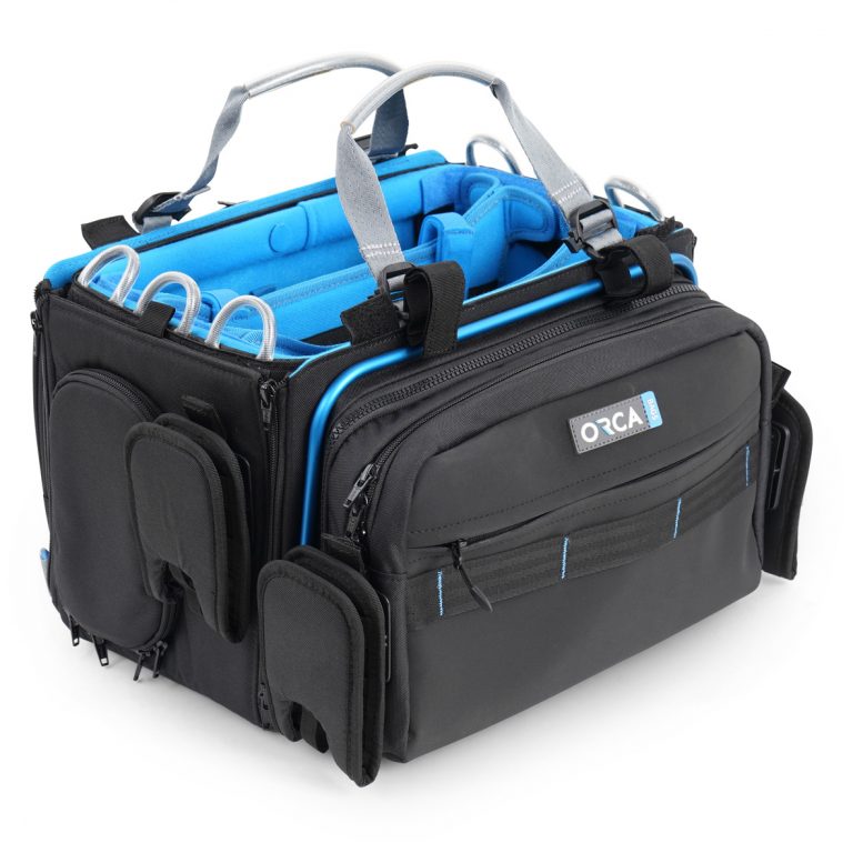 Black audio mixer bag with blue lining, ORCA front logo, and carrying handles