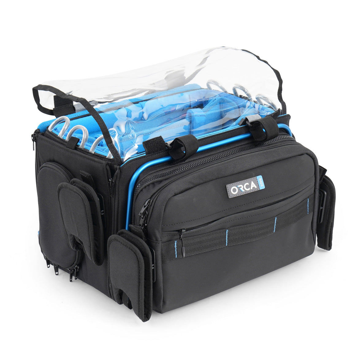 Black audio mixer bag with blue lining and transparent cover over the top compartment