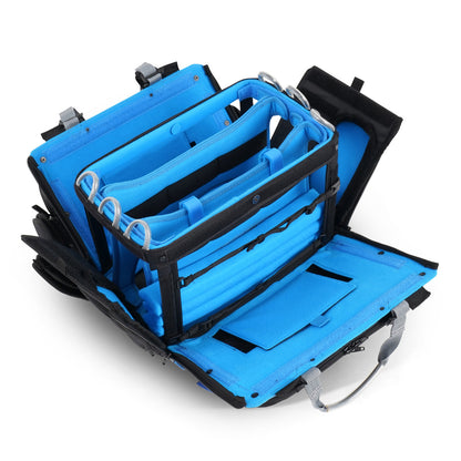 Blue and black audio mixer bag opened flat, showing interior straps and inserts