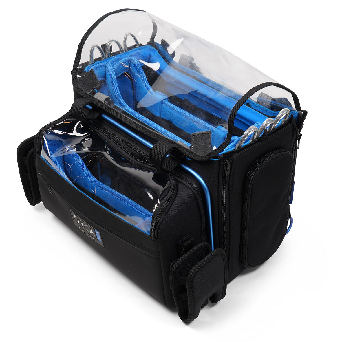 Black audio mixer bag with transparent lid, blue padded compartments, and side handles
