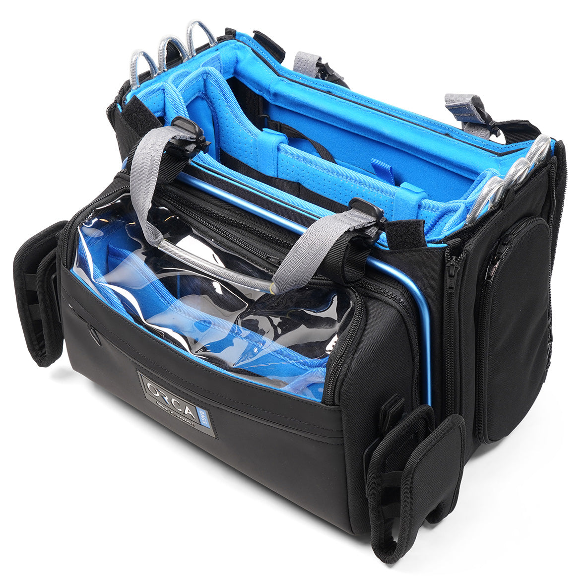 Black audio mixer bag with clear top window, blue interior sleeves, and zip pocket